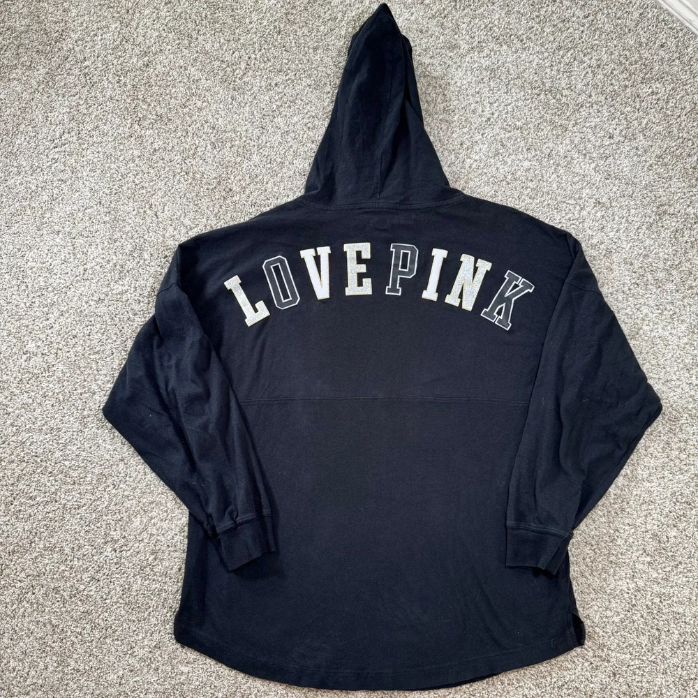 PINK Victoria's Secret Black Glitter Logo Hooded Long Sleeve Tee Shirt Womens S - Picture 7 of 14